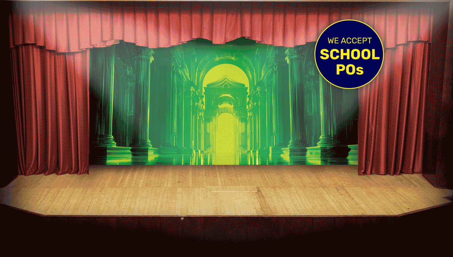 Cycling gif of theatre backdrops on stage. Theatre Backdrops for High School Theater - Plays, Musicals, Performances, and Recitals. Main Drape, Curtain, Scene, Setting, Location.