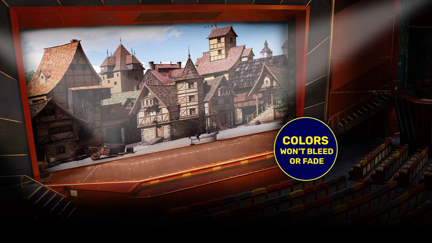 Theatre Backdrop Graphic with text "colors won't bleed or fade." Theatre Backdrops for High School Theater - Plays, Musicals, Performances, and Recitals. Main Drape, Curtain, Scene, Setting, Location.