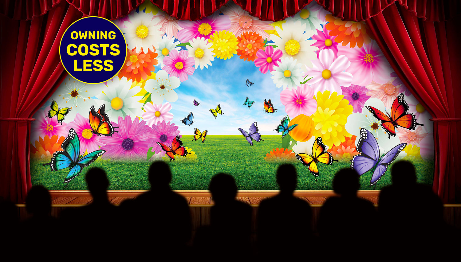 Audience in front of theatre backdrop graphic. Theatre Backdrops for High School Theater - Plays, Musicals, Performances, and Recitals. Main Drape, Curtain, Scene, Setting, Location. 